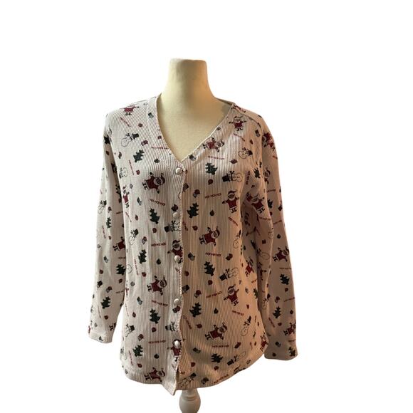 Delicates Christmas Pajama Top . Santa ,Trees, Snowman graphics. Size Medium - Picture 2 of 4